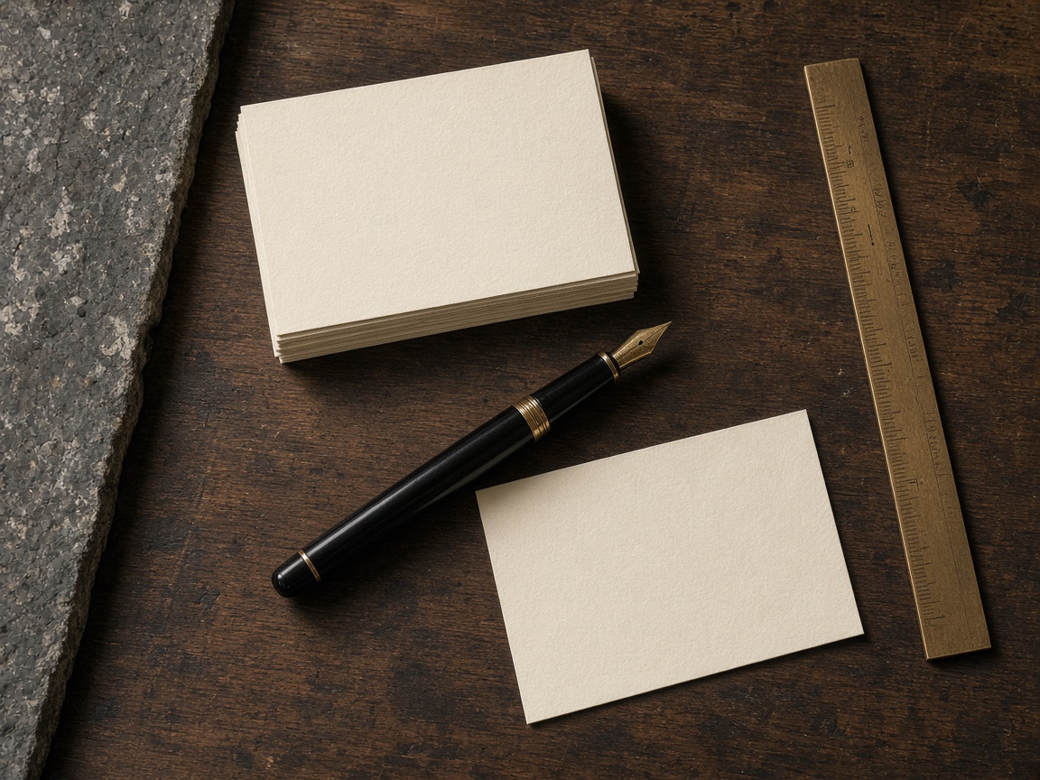Blank index cards, a fountain pen, and a brass ruler on a dark wooden desk