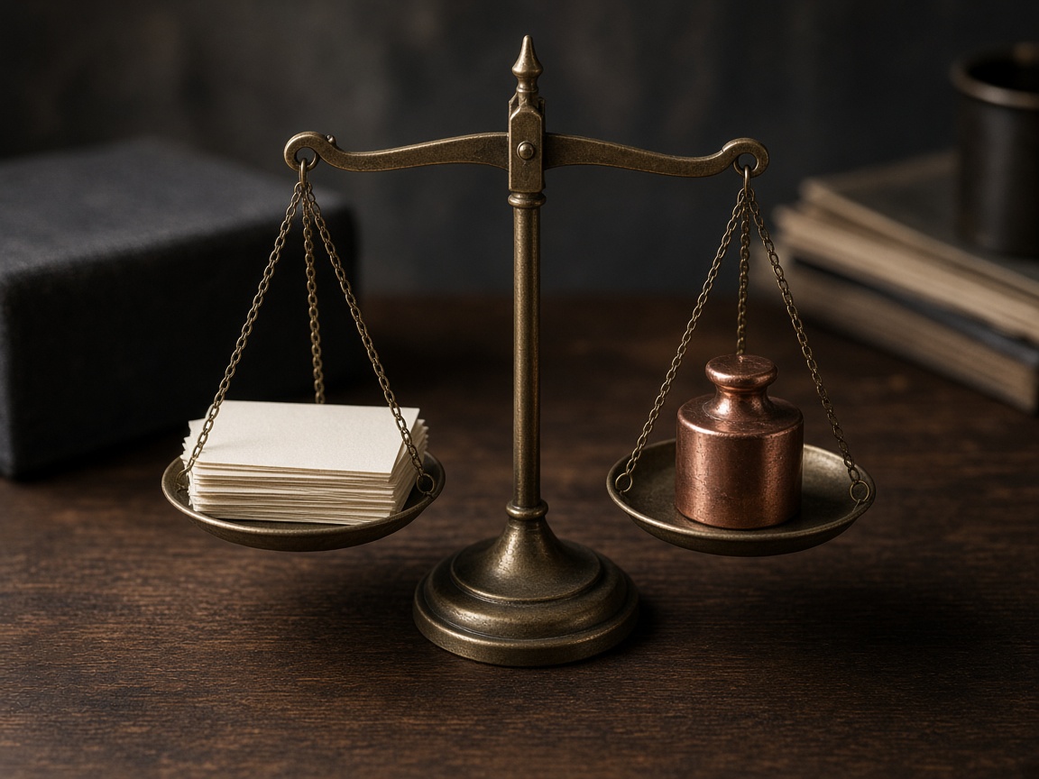 A brass balance scale weighing a stack of cards against a copper weight