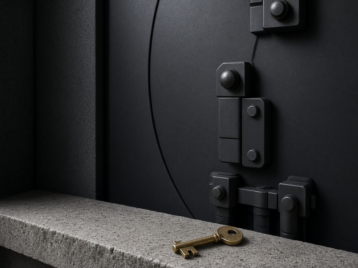 A brass key resting on stone in front of a black steel vault door