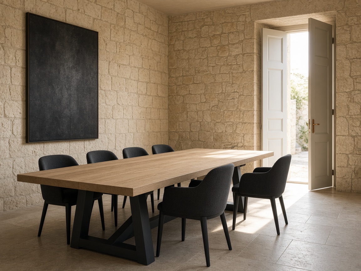 A meeting table in a stone room, with a door open to daylight