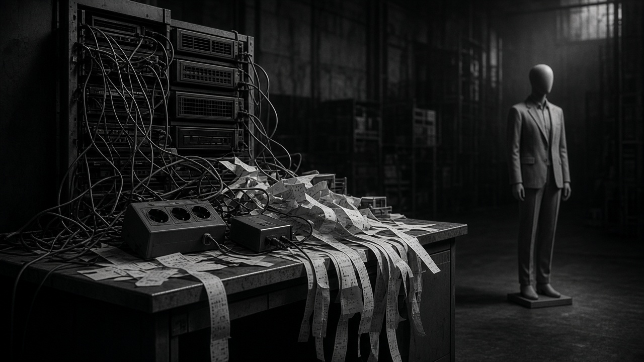 A desk of tangled cables, tickets, and a waiting store mannequin