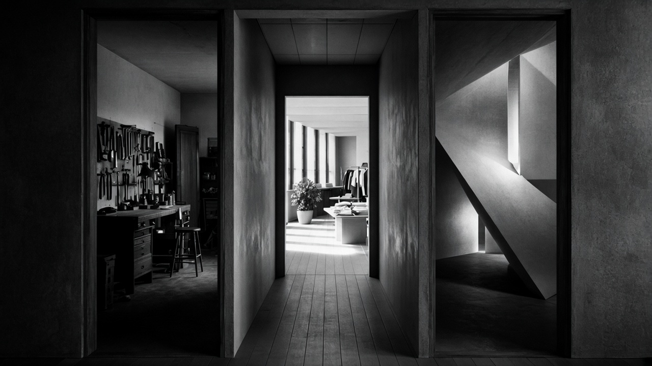 A hallway opening onto three rooms: a workshop, a bright shop, and an unusual geometric space