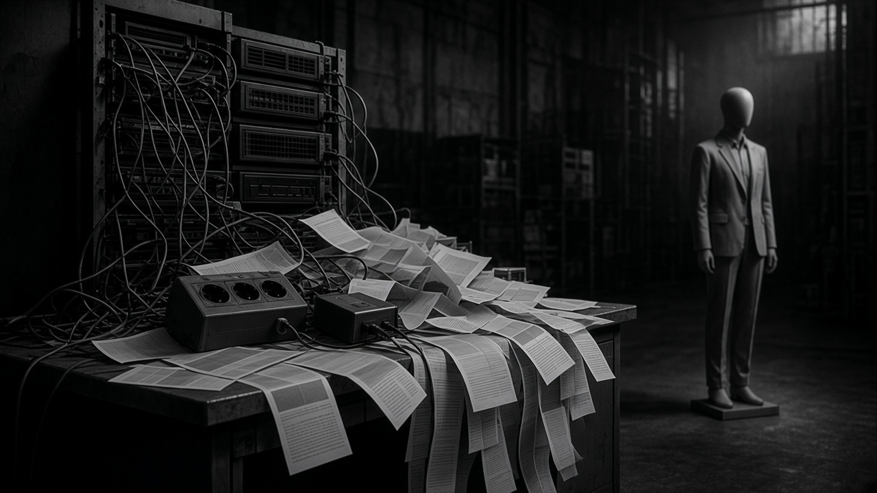 A desk of tangled cables, printed page proofs, and a waiting mannequin
