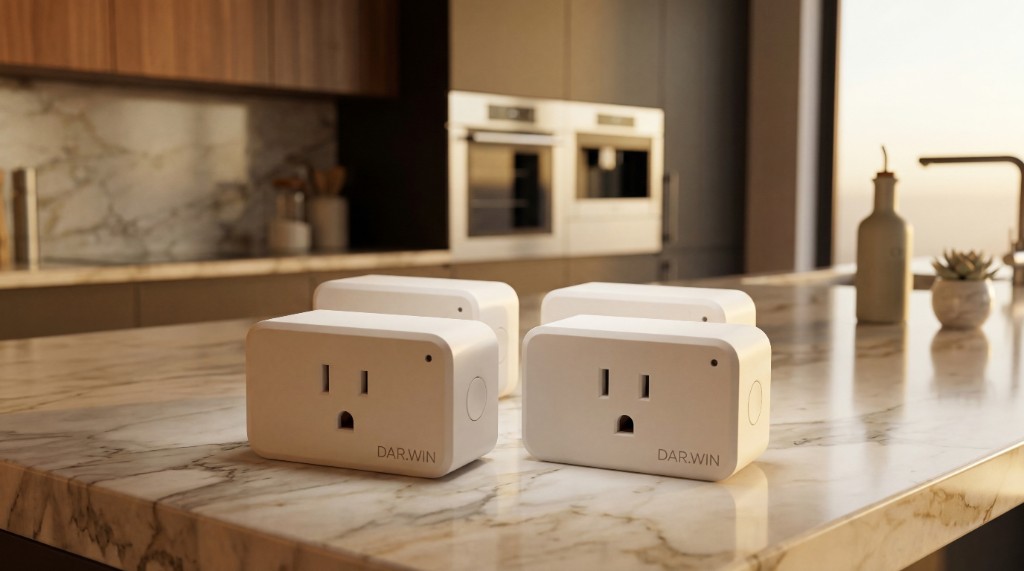 Four DAR.WIN smart plugs on a marble kitchen island