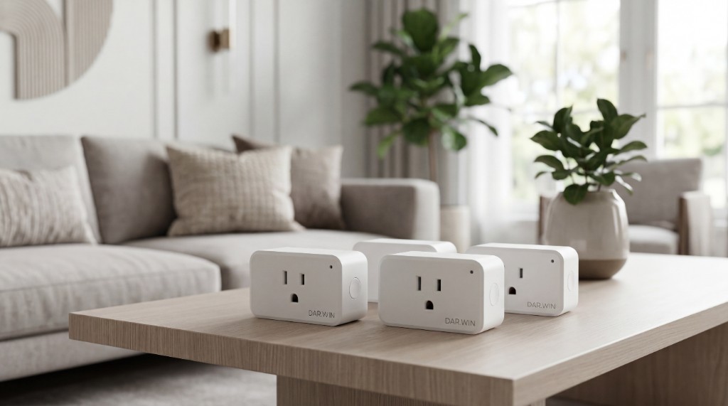 Three DAR.WIN smart plugs on a living-room coffee table