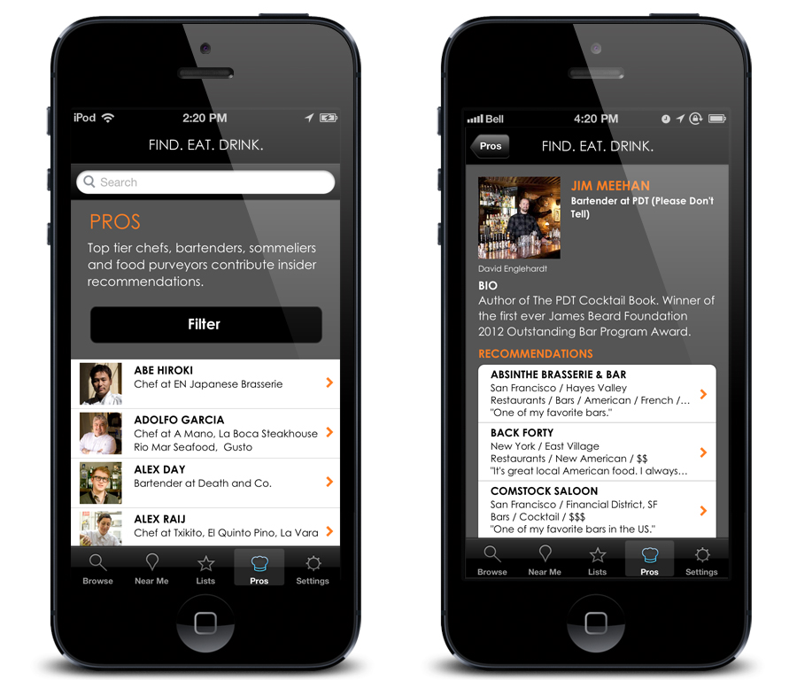 Find. Eat. Drink. recommenders list and a bartender profile
