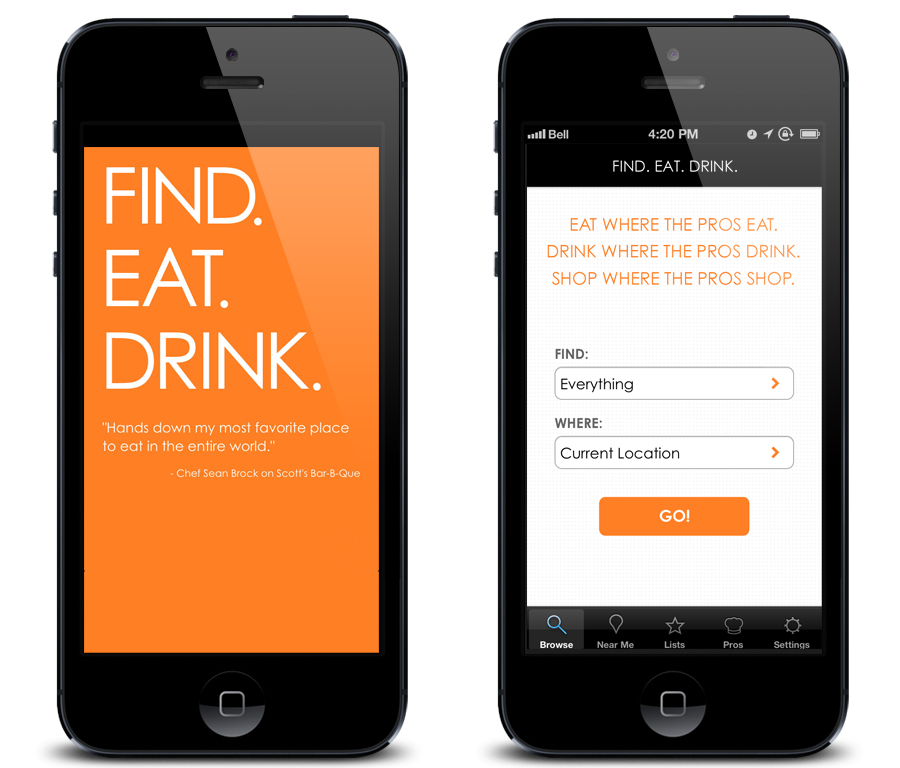 Find. Eat. Drink. iPhone splash screen and home search